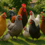 Verschiedene Hühnerrassen im Garten
