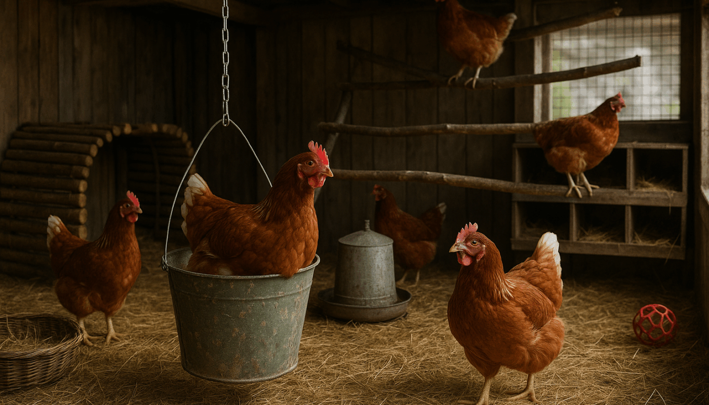 Hühner im Stall. Bild: Sora/KI