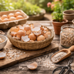 Eierschalen und Gartenwerkzeuge im Sonnenlicht