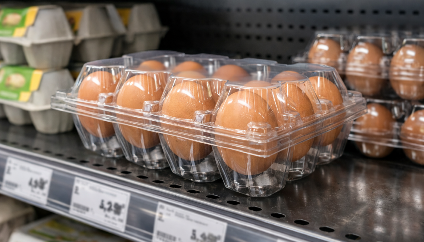 Eier in Plastikverpackung. Foto: Copilot, KI